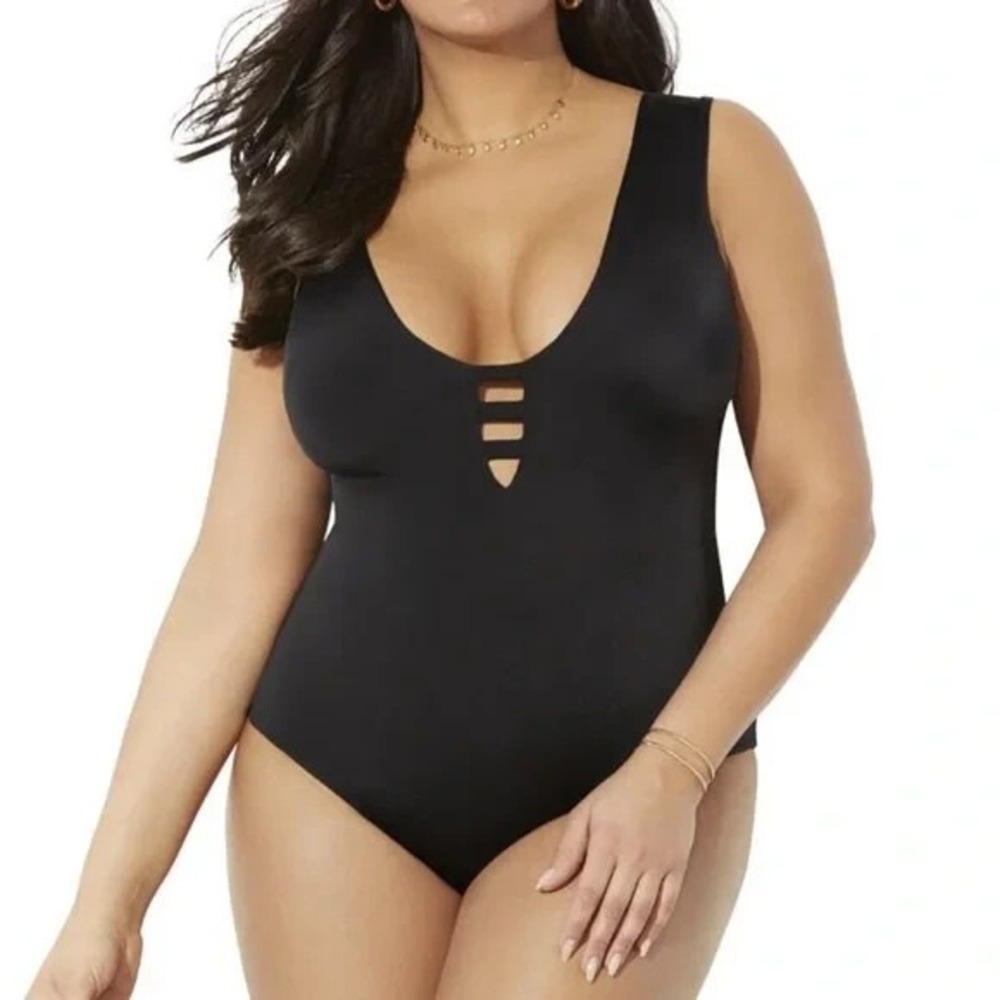 SWIMSUITS FOR ALL Women Size 16 Black Strappy Scoopneck One Piece Swimsuit New